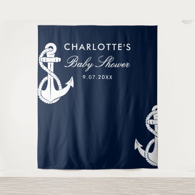 Nautical Script Baby Shower Navy Blue Backdrop Tapestry (Front)