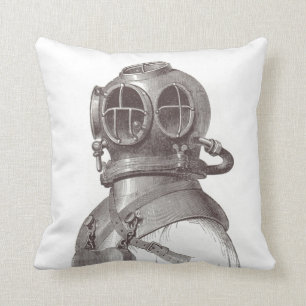 Nautical Scuba Guy Funky Black and White Pillow