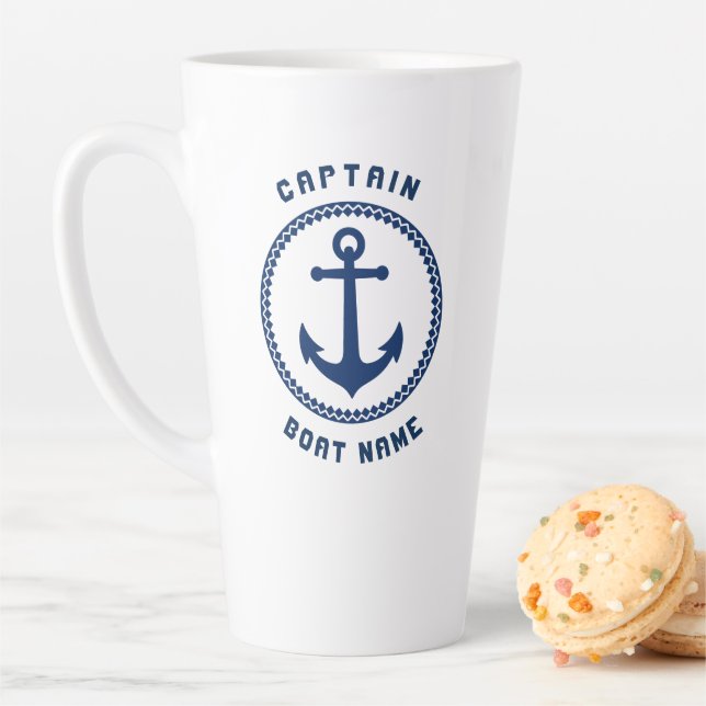 Nautical Sea Anchor Captain & Boat or Name 2 Sided Latte Mug (In Situ)