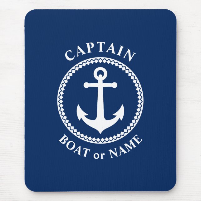 Nautical Sea Anchor Captain Boat or Name Navy Blue Mouse Mat (Front)