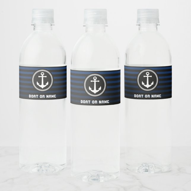 Nautical Sea Anchor Captain Name and Boat striped Water Bottle Label (Bottles)