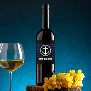 Nautical Sea Anchor Captain Name and Boat striped Wine Label