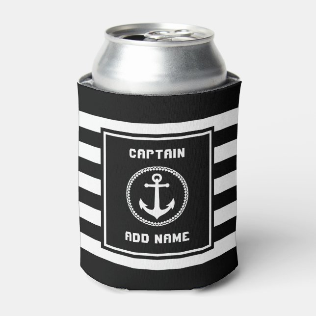 Nautical Sea Anchor Captain Name or Boat Stripped Can Cooler (Can Front)