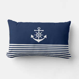 Nautical, Sea, Anchor, Stripes, Blue, White Pillow