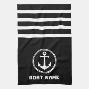 Nautical Sea Anchor Your Boat Name on Navy Black Tea Towel