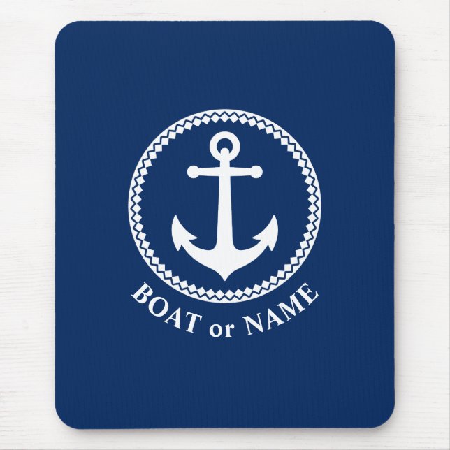 Nautical Sea Anchor Your Boat or Name Navy Blue Mouse Mat (Front)