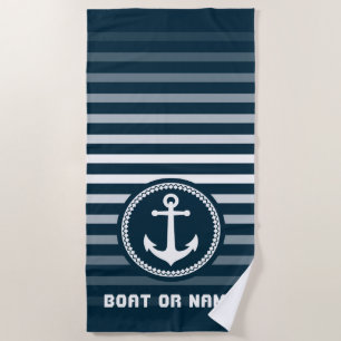 Nautical Sea Anchor Your Name or Boat Deep Aqua Beach Towel