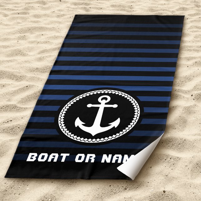 Nautical Sea Anchor Your Name or Boat Navy & Black Beach Towel (Creator Uploaded)