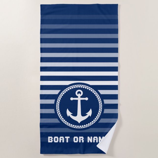 Nautical Sea Anchor Your Name or Boat Navy Blue Beach Towel (Front)