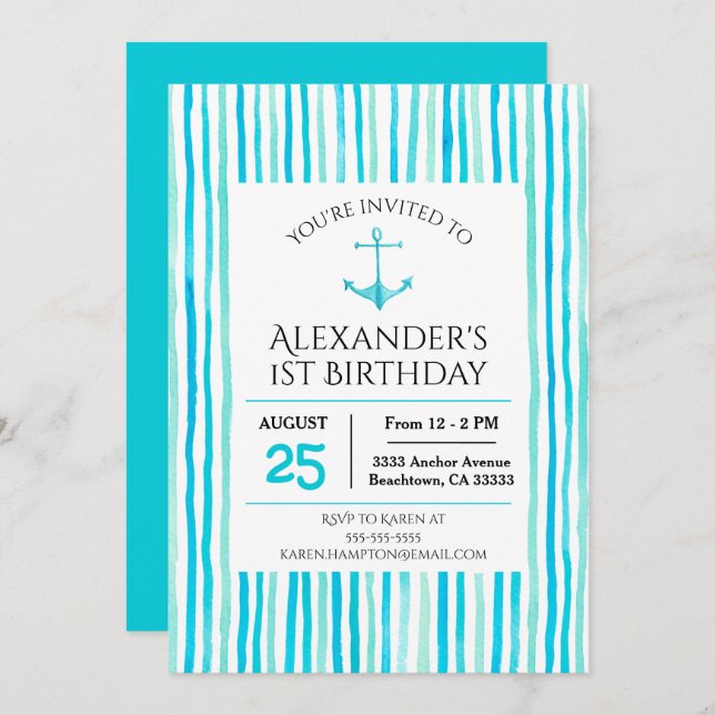 Nautical Sea Blue Watercolor 1st Birthday Invitation (Front/Back)