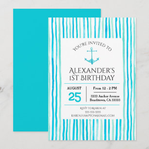 Nautical Sea Blue Watercolor 1st Birthday Invitation
