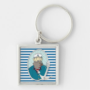 Nautical Sea Captain Blue and White Stripe Key Ring