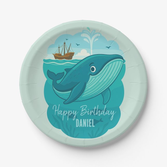 Nautical Sea Cartoon Whale Paper Plate (Front)