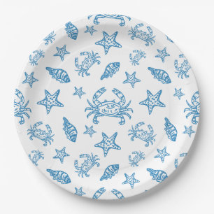 Nautical Sea Creatures Doodle Pattern Paper Plate