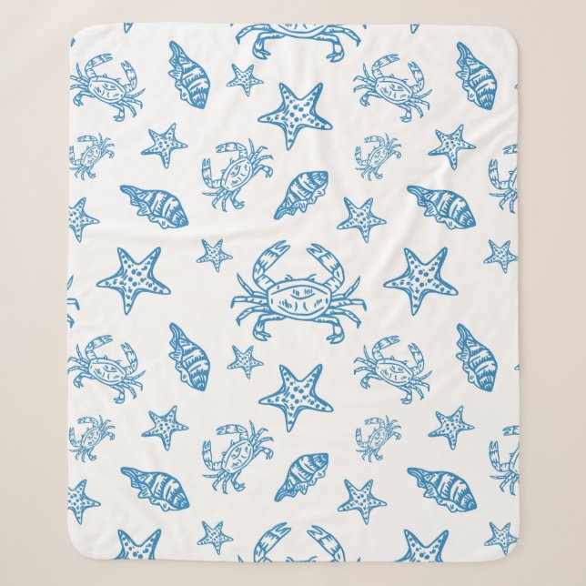 Nautical Sea Creatures Doodle Pattern Sherpa Blanket (Front)