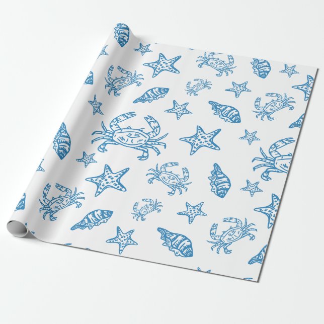 Nautical Sea Creatures Doodle Pattern Wrapping Paper (Unrolled)