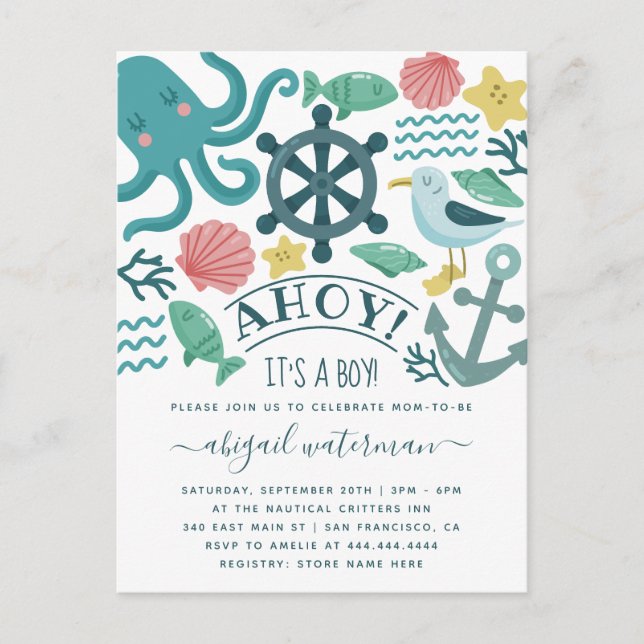 Nautical Sea Critters Ahoy! It's A Boy Baby Shower Invitation Postcard (Front)