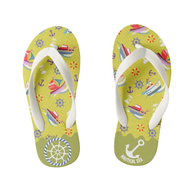Nautical Sea Lemon Green Kid's Flip Flops (Footbed)