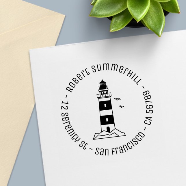 Nautical Sea Lighthouse Round Address 2 Self-inking Stamp (Creator Uploaded)
