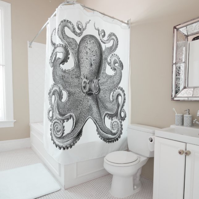 Nautical sea Octopus decor gray black white shower Curtain (In Situ)