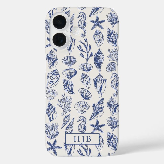 Nautical Sea Shells Blue Sketch Monogram Case-Mate iPhone Case (Back)