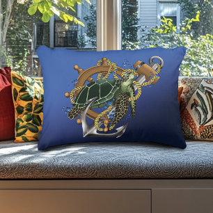 Nautical Sea Turtle Anchor Ship Wheel Blue Decorative Cushion