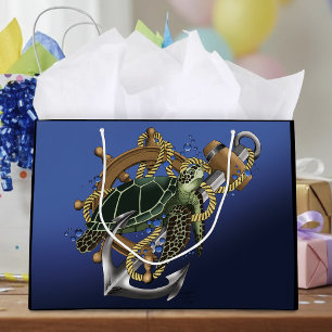 Nautical Sea Turtle Anchor Ship Wheel Blue Large Gift Bag