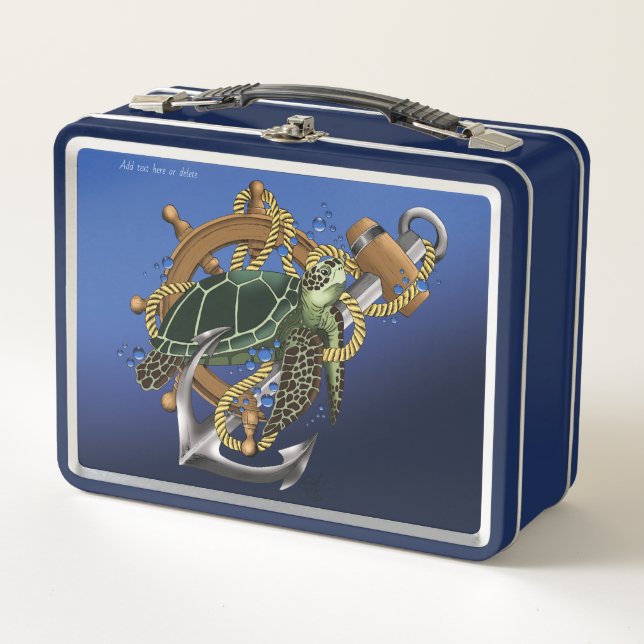 Nautical Sea Turtle Anchor Ship Wheel Blue Metal Lunch Box (Front)