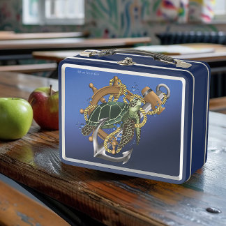 Nautical Sea Turtle Anchor Ship Wheel Blue Metal Lunch Box