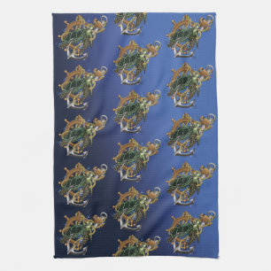 Nautical Sea Turtle Anchor Ship Wheel Blue Tea Towel