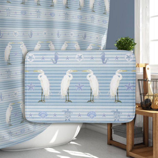Nautical Sea Turtle Seahorse n Egret Blue Stripe Bath Mat (Creator Uploaded)