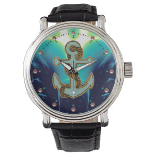 NAUTICAL / SEA WAVES ,ANCHOR AND ROPE Navy Blue Watch