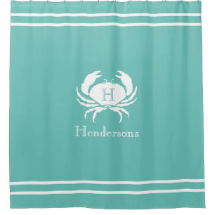 Nautical Seafoam Teal White Crab Monogram Name Shower Curtain