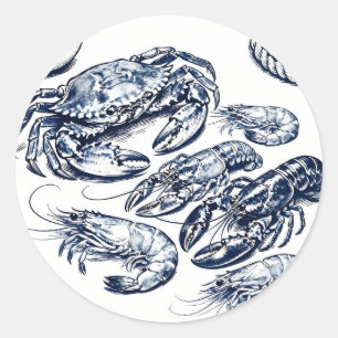 Nautical Seafood Lobster Crab Sketch Classic Round Sticker