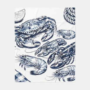 Nautical Seafood Lobster Crab Sketch Fleece Blanket