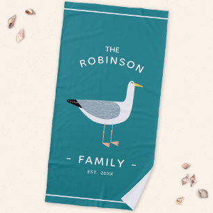 Nautical Seagull Family Name Beach Towel