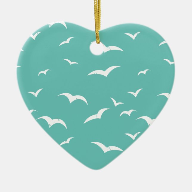 Nautical Seagulls Weathered Teal Blue and White Ceramic Tree Decoration (Front)