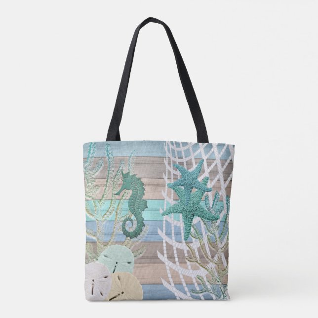 Nautical Seahorse Beach Design Tote Bag (Back)