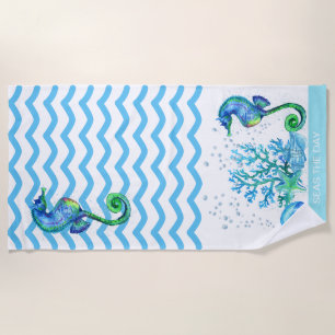 Nautical Seahorse Custom Teal Aqua Blue Marine Beach Towel