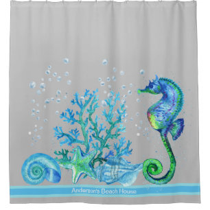 Nautical Seahorse Custom Teal Aqua & Gray Marine Shower Curtain