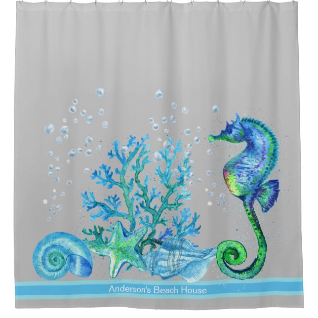 Nautical Seahorse Custom Teal Aqua & Grey Marine Shower Curtain (Front)