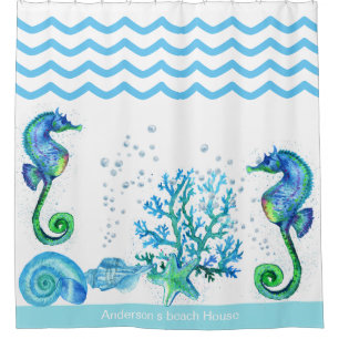 Nautical Seahorse Custom Teal Aqua & White Shower  Curtain