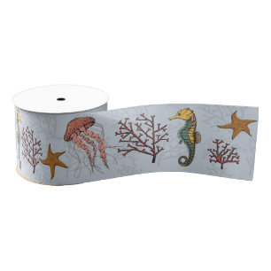 Nautical Seahorse Jellyfish Starfish Coral 3" Grosgrain Ribbon