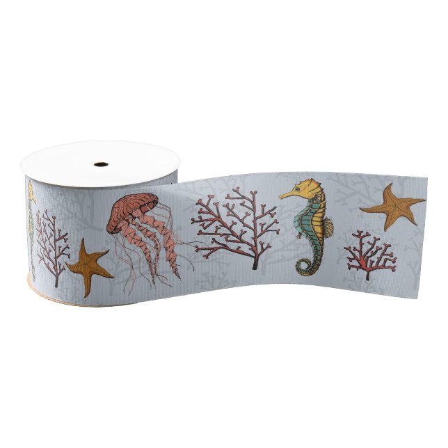 Nautical Seahorse Jellyfish Starfish Coral 3" Grosgrain Ribbon (Spool)