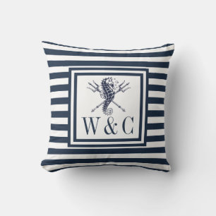 Nautical Seahorse Monogram Navy Blue Striped Cushion
