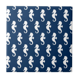 Nautical Seahorse Navy Blue White Ocean Sea Animal Tile