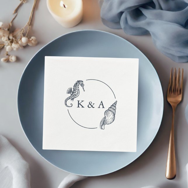 Nautical Seahorse & Sea Shell Wedding Monogram Napkin (Creator Uploaded)