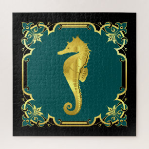 Nautical seahorse silhouette/gold/black/aqua jigsaw puzzle