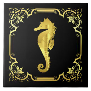 Nautical seahorse silhouette/gold/black tile