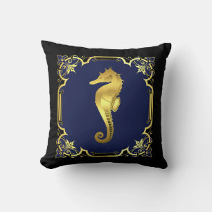 Nautical seahorse silhouette/gold leaf faux/navy cushion